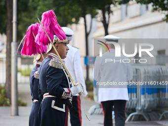 The Mayor of Madrid, Jose Luis Martinez-Almeida, presents a new national flag to the Marine Infantry Grouping of Madrid, donated by the Madr...