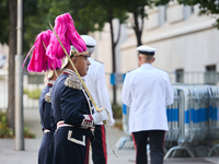 The Mayor of Madrid, Jose Luis Martinez-Almeida, presents a new national flag to the Marine Infantry Grouping of Madrid, donated by the Madr...