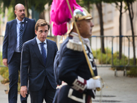 The Mayor of Madrid, Jose Luis Martinez-Almeida, presents a new national flag to the Marine Infantry Grouping of Madrid, donated by the Madr...