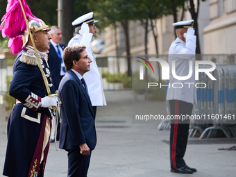 The Mayor of Madrid, Jose Luis Martinez-Almeida, presents a new national flag to the Marine Infantry Grouping of Madrid, donated by the Madr...