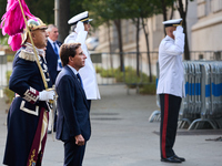 The Mayor of Madrid, Jose Luis Martinez-Almeida, presents a new national flag to the Marine Infantry Grouping of Madrid, donated by the Madr...