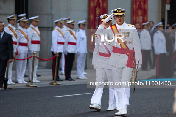 The Mayor of Madrid, Jose Luis Martinez-Almeida, presents a new national flag to the Marine Infantry Grouping of Madrid, donated by the Madr...