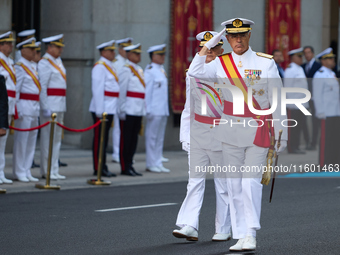 The Mayor of Madrid, Jose Luis Martinez-Almeida, presents a new national flag to the Marine Infantry Grouping of Madrid, donated by the Madr...