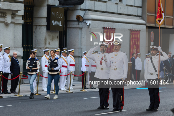 The Mayor of Madrid, Jose Luis Martinez-Almeida, presents a new national flag to the Marine Infantry Grouping of Madrid, donated by the Madr...