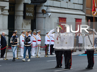 The Mayor of Madrid, Jose Luis Martinez-Almeida, presents a new national flag to the Marine Infantry Grouping of Madrid, donated by the Madr...