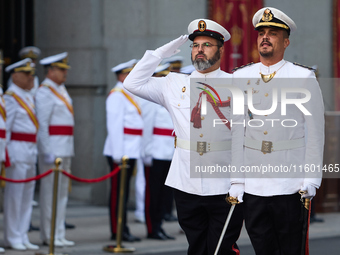 The Mayor of Madrid, Jose Luis Martinez-Almeida, presents a new national flag to the Marine Infantry Grouping of Madrid, donated by the Madr...