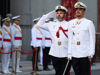 The Mayor of Madrid, Jose Luis Martinez-Almeida, presents a new national flag to the Marine Infantry Grouping of Madrid, donated by the Madr...