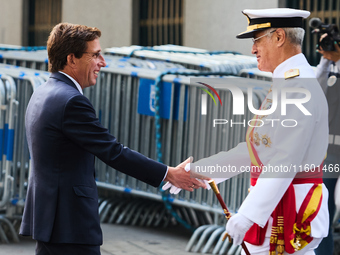 The Mayor of Madrid, Jose Luis Martinez-Almeida, presents a new national flag to the Marine Infantry Grouping of Madrid, donated by the Madr...