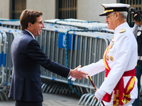 The Mayor of Madrid, Jose Luis Martinez-Almeida, presents a new national flag to the Marine Infantry Grouping of Madrid, donated by the Madr...