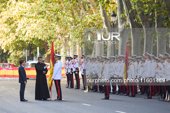 The Mayor of Madrid, Jose Luis Martinez-Almeida, presents a new national flag to the Marine Infantry Grouping of Madrid, donated by the Madr...