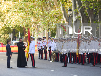 The Mayor of Madrid, Jose Luis Martinez-Almeida, presents a new national flag to the Marine Infantry Grouping of Madrid, donated by the Madr...