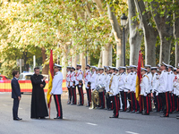 The Mayor of Madrid, Jose Luis Martinez-Almeida, presents a new national flag to the Marine Infantry Grouping of Madrid, donated by the Madr...