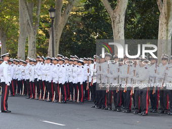 The Mayor of Madrid, Jose Luis Martinez-Almeida, presents a new national flag to the Marine Infantry Grouping of Madrid, donated by the Madr...