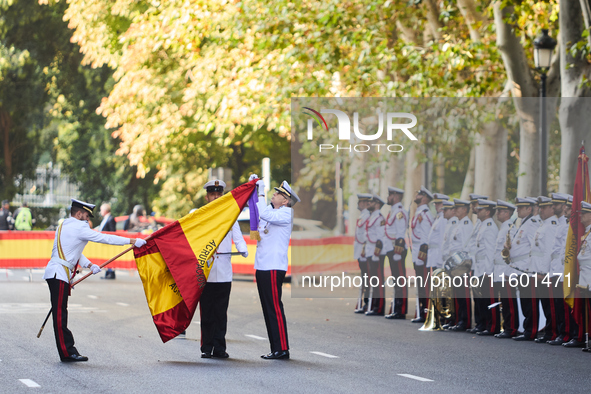 The Mayor of Madrid, Jose Luis Martinez-Almeida, presents a new national flag to the Marine Infantry Grouping of Madrid, donated by the Madr...