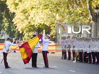 The Mayor of Madrid, Jose Luis Martinez-Almeida, presents a new national flag to the Marine Infantry Grouping of Madrid, donated by the Madr...