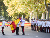 The Mayor of Madrid, Jose Luis Martinez-Almeida, presents a new national flag to the Marine Infantry Grouping of Madrid, donated by the Madr...