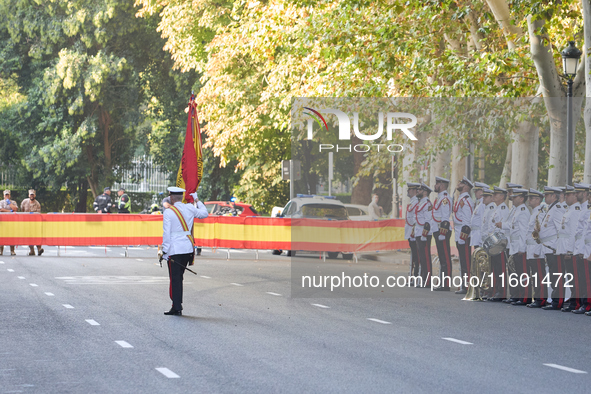 The Mayor of Madrid, Jose Luis Martinez-Almeida, presents a new national flag to the Marine Infantry Grouping of Madrid, donated by the Madr...