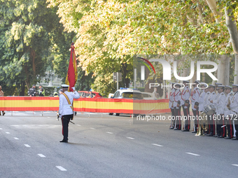 The Mayor of Madrid, Jose Luis Martinez-Almeida, presents a new national flag to the Marine Infantry Grouping of Madrid, donated by the Madr...