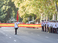 The Mayor of Madrid, Jose Luis Martinez-Almeida, presents a new national flag to the Marine Infantry Grouping of Madrid, donated by the Madr...