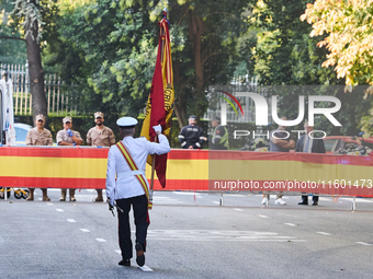 The Mayor of Madrid, Jose Luis Martinez-Almeida, presents a new national flag to the Marine Infantry Grouping of Madrid, donated by the Madr...