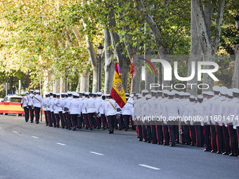 The Mayor of Madrid, Jose Luis Martinez-Almeida, presents a new national flag to the Marine Infantry Grouping of Madrid, donated by the Madr...