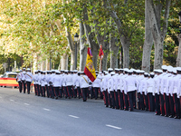 The Mayor of Madrid, Jose Luis Martinez-Almeida, presents a new national flag to the Marine Infantry Grouping of Madrid, donated by the Madr...