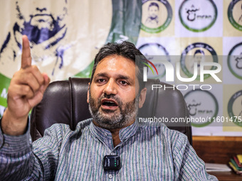 Former Srinagar Deputy Mayor Sheikh Mohammed Imran, who contests Assembly elections from the Khaniyar constituency, speaks to the media at h...