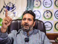 Former Srinagar Deputy Mayor Sheikh Mohammed Imran, who contests Assembly elections from the Khaniyar constituency, speaks to the media at h...