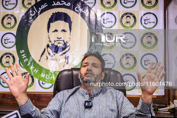 Former Srinagar Deputy Mayor Sheikh Mohammed Imran, who contests Assembly elections from the Khaniyar constituency, speaks to the media at h...