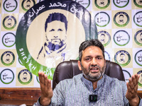 Former Srinagar Deputy Mayor Sheikh Mohammed Imran, who contests Assembly elections from the Khaniyar constituency, speaks to the media at h...