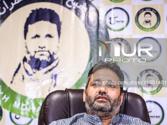 Former Srinagar Deputy Mayor Sheikh Mohammed Imran, who contests Assembly elections from the Khaniyar constituency, speaks to the media at h...