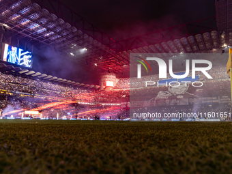 Lights show at San Siro Stadium during the Italian championship Serie A football match between FC Internazionale and AC Milan in Milan, Ital...