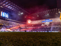 Lights show at San Siro Stadium during the Italian championship Serie A football match between FC Internazionale and AC Milan in Milan, Ital...