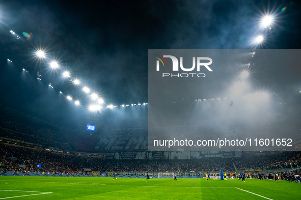 Choreography by AC Milan supporters during the Italian championship Serie A football match between FC Internazionale and AC Milan in Milan,...