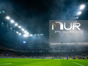 Choreography by AC Milan supporters during the Italian championship Serie A football match between FC Internazionale and AC Milan in Milan,...