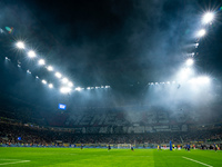 Choreography by AC Milan supporters during the Italian championship Serie A football match between FC Internazionale and AC Milan in Milan,...