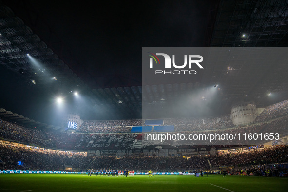 Choreography by AC Milan supporters during the Italian championship Serie A football match between FC Internazionale and AC Milan in Milan,...