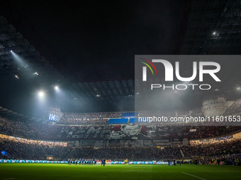 Choreography by AC Milan supporters during the Italian championship Serie A football match between FC Internazionale and AC Milan in Milan,...