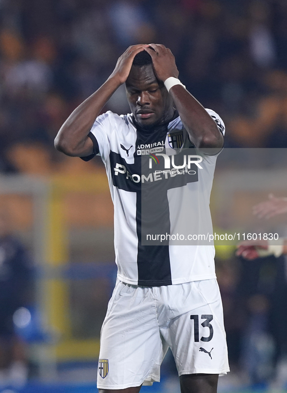 Ange-Yoan Bonny of Parma Calcio gestures during the Serie A match between Lecce and Parma in Lecce, Italy, on September 21, 2024. 