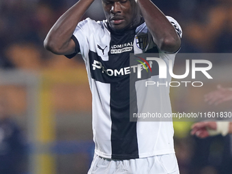 Ange-Yoan Bonny of Parma Calcio gestures during the Serie A match between Lecce and Parma in Lecce, Italy, on September 21, 2024. (