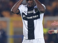 Ange-Yoan Bonny of Parma Calcio gestures during the Serie A match between Lecce and Parma in Lecce, Italy, on September 21, 2024. (