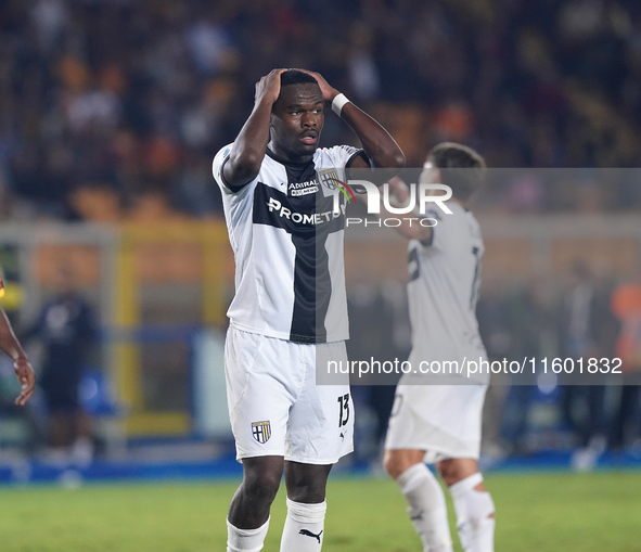 Ange-Yoan Bonny of Parma Calcio gestures during the Serie A match between Lecce and Parma in Lecce, Italy, on September 21, 2024. 