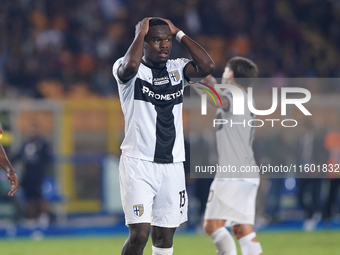 Ange-Yoan Bonny of Parma Calcio gestures during the Serie A match between Lecce and Parma in Lecce, Italy, on September 21, 2024. (