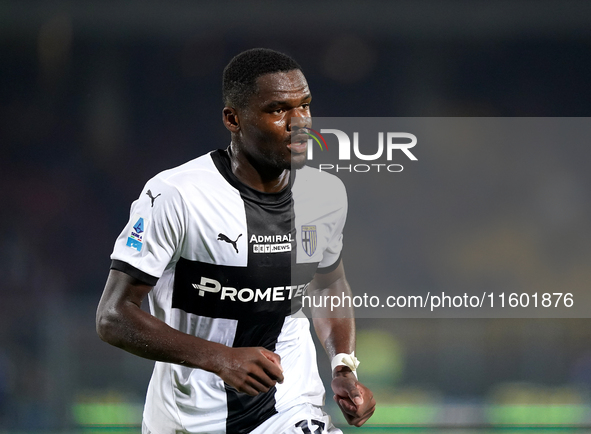 Ange-Yoan Bonny of Parma Calcio gestures during the Serie A match between Lecce and Parma in Lecce, Italy, on September 21, 2024. 