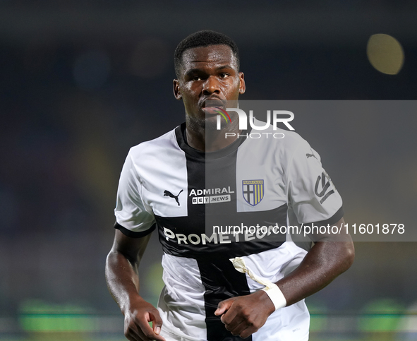 Ange-Yoan Bonny of Parma Calcio gestures during the Serie A match between Lecce and Parma in Lecce, Italy, on September 21, 2024. 