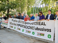 The Union de Uniones de Agricultores y Ganaderos holds a rally on Monday, September 23, in front of the European Commission building in Madr...