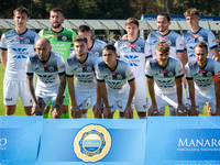 Hutnik players stand before the game between Hutnik Krakow and Resovia Rzeszow in Krakow, Poland, on September 22, 2024. Betclic 2 Liga, Pol...