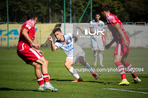 Mateusz Sowinski plays during the game between Hutnik Krakow and Resovia Rzeszow in Krakow, Poland, on September 22, 2024. Betclic 2 Liga, P...