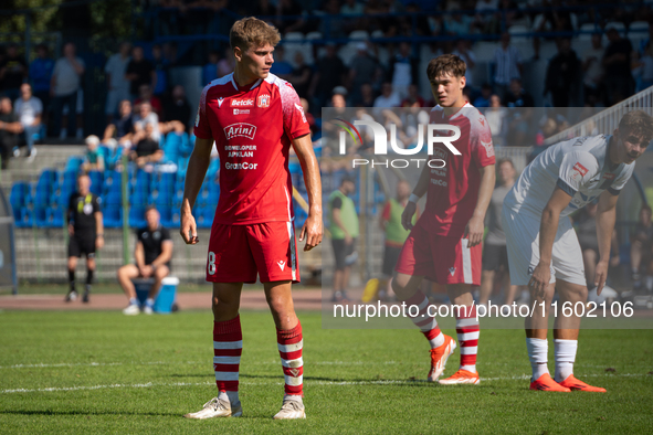 Dawid Pieniazek plays during the game between Hutnik Krakow and Resovia Rzeszow in Krakow, Poland, on September 22, 2024. Betclic 2 Liga, Po...