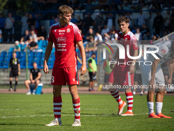 Dawid Pieniazek plays during the game between Hutnik Krakow and Resovia Rzeszow in Krakow, Poland, on September 22, 2024. Betclic 2 Liga, Po...